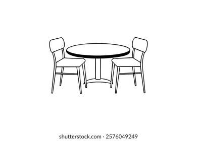 Round shape dining table with four chairs line art vector