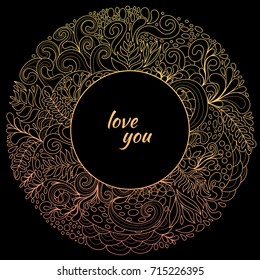 Round shape doodle frame made of abstract freehand ornament. Pink wreath card design
