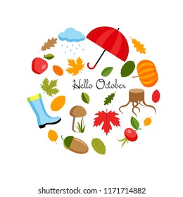 Round shape fall autumn doodle set decorative elements. Hello october Vector illustration

