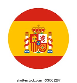 Round shape flag of Spain with the coat of arms in flat style, Spanish language icon for app and web, vector illustration isolated on white background