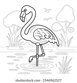 Round shape the flamingo coloring page line art 