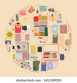 Round Shape With Flat Lay Clothes And Top View Packed Suitcase. Vector