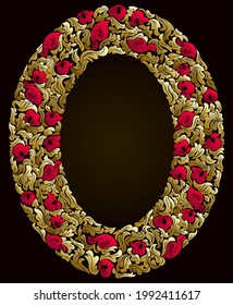 Rundform Blumenrahmen aus Blättern Vintage Design, dekorative leere klassische Stilgrenze, luxuriöser, schöner Hintergrund, Einladung oder Grußkarte mit Platz für Text.