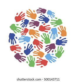 Round shape formed with colorful hand prints. Kids hand prints. Preschool / primary school design element. Vector illustration isolated on white.