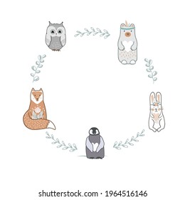 Round shape frame with cute baby fox, bear, owl, hare, and penguin. Scandinavian style, doodle forest wreath isolated on white.
