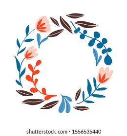 Round shape frame with leaves and flowers with folk ornaments. Floral decoration with place for text. Design template for stationary, greetings, poster, card, banner.  Scandinavian style plants