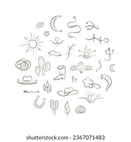 Round shape frame with wild west vector illustrations, icons. Simple western ornament.