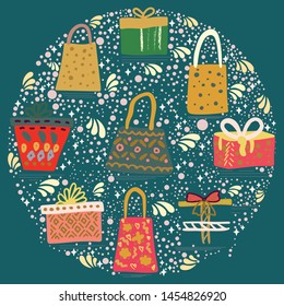 Round shape with gift bags and boxes with ribbon on teal green background. Vector. 