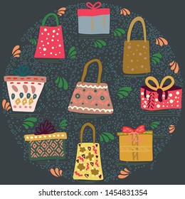 Round shape with gift bags and boxes with ribbon on black background. Vector. 
