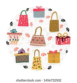 Round shape with gifts and presents border on white background. Vector.