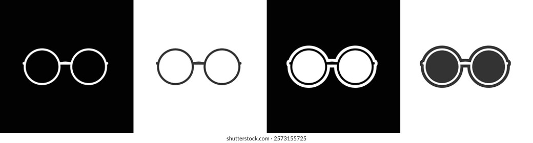 Round shape glasses,.Sunglasses icons. Men and women glasses, Simple different sunglasses. Eyewear Sun Protection Sunglass Vector Illustration in black, white and transparent background. Eps10