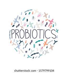 Round shape with good microorganisms and word probiotics. Vector illustration in flat cartoon style. Isolate on white background. Propionibacterium, lactobacillus, lactococcus, bifidobacterium.