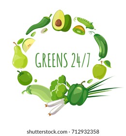 Round shape with green vegetables and fruits. Round badge food. Vector illustration