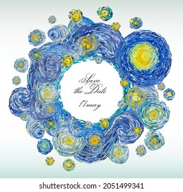 Round shape greeting card of glowing yellow moon on a starry sky with central blank space for wishes. Vector illustration in the style of impressionist paintings.