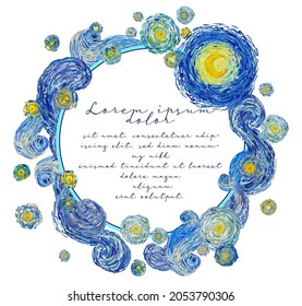 Round shape greeting card of glowing yellow moon on a starry sky with central blank space for wishes. Vector illustration in the style of impressionist paintings.