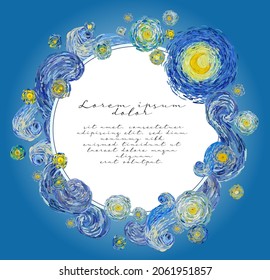 Round shape greeting card of glowing yellow moon on a starry sky with central blank space for wishes. Vector illustration template in the style of impressionist paintings.