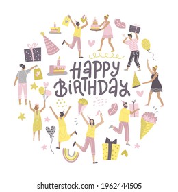 Forma redonda con un grupo de felices mejores amigos celebrando el cumpleaños en la fiesta. Feliz concepto de tarjeta de felicitación de cumpleaños con letras a mano. Ilustración vectorial plana.