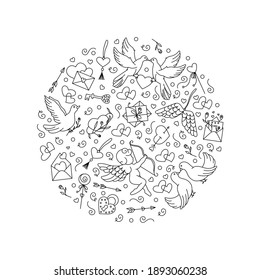 Round shape hand-drawn element from doves, love envelopes, arrows, hearts and cupid. Valentine's Day elements in heart shape perfect for card design. Doodles vector illustration for Happy Valentine's 