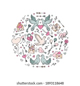 Round shape hand-drawn element from doves, love letters, arrows and hearts. Valentine's day elements perfect for card design. Doodles vector illustration for Happy Valentine's day