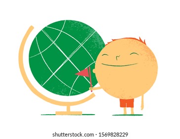 Round shape happy boy with a flag and a globe. Cartoon character world traveller isolated on white background - Vector	