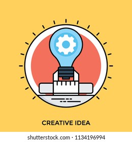 Round shape having bulb with cog symbolising creative idea 