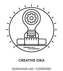Round shape having bulb with cog symbolising creative idea 