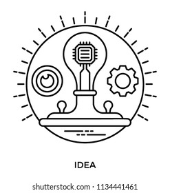 Round shape having bulb with cog symbolising creative idea 