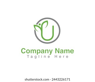 Round Shape Letter U with Leaves Logo Design Template.