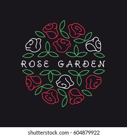 Round shape line style logo with rose flowers and leaves for boutique, cosmetics, beauty salon, landscaping studio or flower shop.