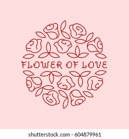 Round shape line style logo with rose flowers and leaves for boutique, cosmetics, beauty salon or flower shop.