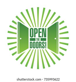 round shape logo in the form of two open doors to open the doors inscription, green color