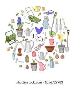 Round shape made of different gardening tools. Circle with object for growing plants  isolated on white background