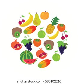 Round shape made of fruit and berries icons. Isolated on white background. Apple, peach, pineapple, banana, kiwi, grapes, mango. Modern vector flat style illustration.