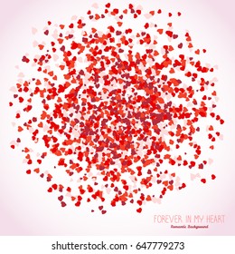 Round shape made from pink hearts. Copy space. Romantic frame for text. Valentin's day concept. Colorful background for postcard, banner or poster. Scatter. Warm colors.