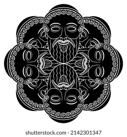 Round shape or mandala with antique male masks. Head of ancient Greek bearded man or god. Creative concept. Black and white silhouette.