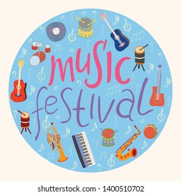 Round shape with musical instruments and lettering music festival. Music festival poster template. Musical instruments and lettering sketch round composition. Vector