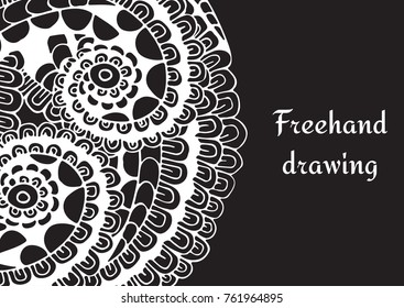 Round shape ornament. An invitation card template, abstract hand drawn vector illustration with doodles. Template frame design for card decoration. Freehand monochrome black and white crazy drawing