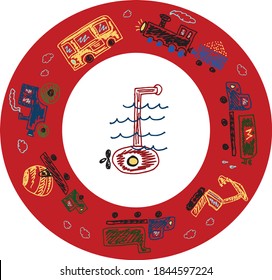 Round shape pattern with different types of vehicles such as tractor, excavator, bus, tank car etc. in red blue green and yellow can serve as a pattern for a plate or other round object