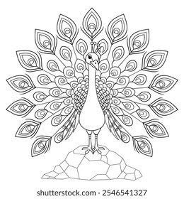 Round shape the peacock coloring page line art 