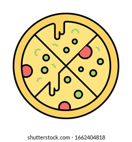 Round Shape Pizza concept vector color icon design, over baked meal topped with tamatoes and green pepper concept