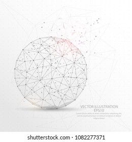 Round shape point, line and composition digitally drawn in the form of broken a part triangle shape and scattered dots low poly wire frame on white background.