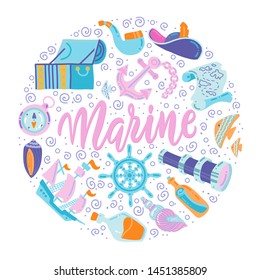 Round shape print with Cute Nautical Set. Flat Vector illustration nautical design elements. Childish illustration. hand drawn Smoking Pipe, Compass,shells, Ship, anchor, map, spyglass, bottle of rum.