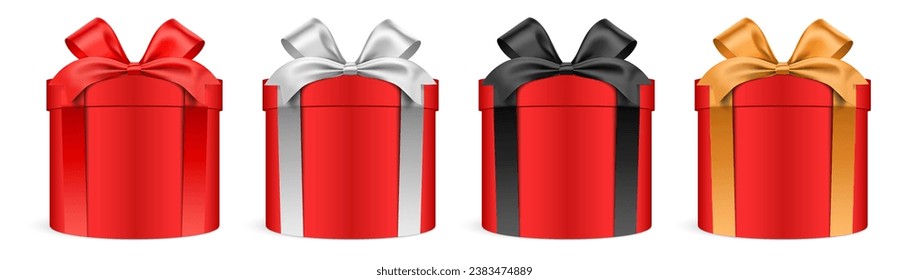 Round shape red gift boxes with colorful ribbons, isolated on background. Realistic cylindrical giftbox set, vector illustration.