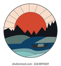Round shape with river and mountain, landscape on a sun sunset background. 