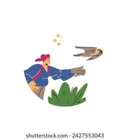 Round shape with smiling woman extends gloved hand to flying falcon flat style, vector illustration isolated on white background. Decorative design element, falconry