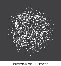 Round shape, snow circle, sphere made of uneven dots of various size, snowflakes, blobs, spots, pearls, beads. New Year, Christmas border, frame template, design element. Winter background, texture.