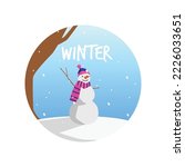 Round shape with snowman in hat and scarf flat style, vector illustration isolated on white background. Winter season, snowflakes, decorative design element