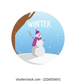 Round shape with snowman in hat and scarf flat style, vector illustration isolated on white background. Winter season, snowflakes, decorative design element