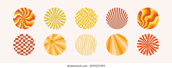 round shape stickers with funny groovy patterns. Colorful abstract circles with trendy retro style wave, chess, swirl, rainbow. Ideal for social media, sticker designs and decorations, vector