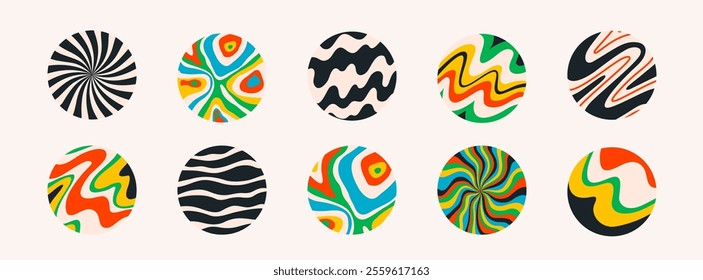 round shape stickers with funny groovy patterns. Colorful abstract circles with trendy retro style wave, chess, swirl, rainbow. Ideal for social media, sticker designs and decorations, vector